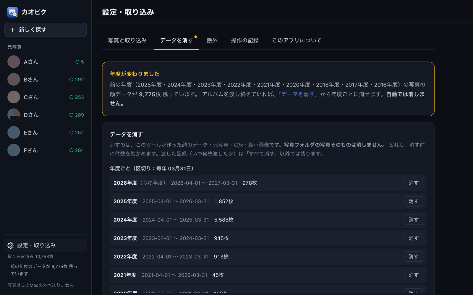 カオピクの「データを消す」画面。年度ごとに顔のデータを消せる（呼び名は仮名）